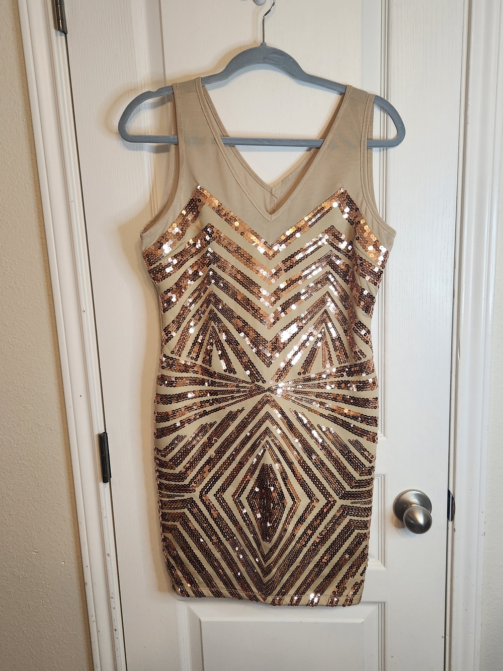 2B Bebe Gold Sequin V-Neck Mini Dress